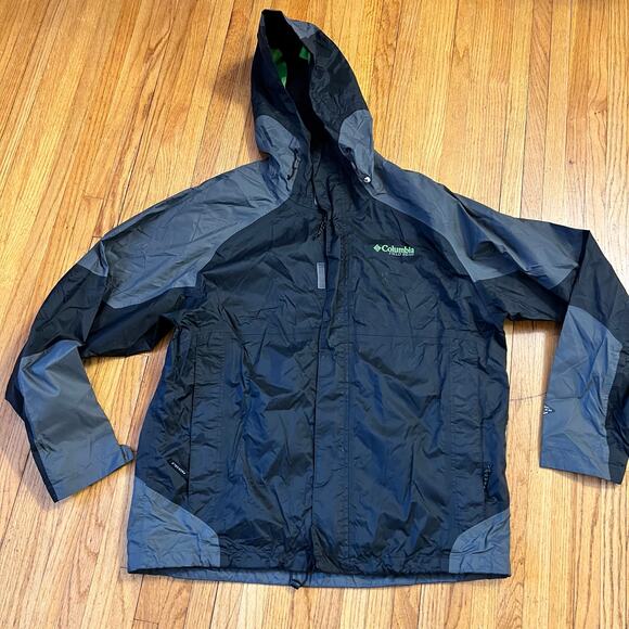 Columbia Jacket Mens Large Field Gear Nylon Hooded Black Neon Green Coat ** - Picture 1 of 10